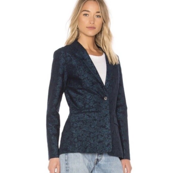 J Brand Layla Blazer Jacket Womens Small Navy Floral Jacquard Metallic Holiday - Picture 1 of 14